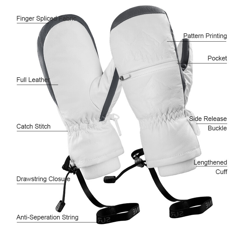 VXW Ski Gloves Men Women Full Leather Waterproof Thermal Insulated 3M Thinsulate Zipper Winter Warm Mitten Snowboard Accessories