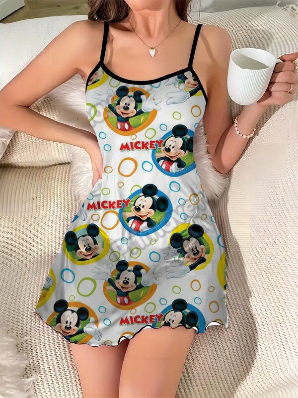 Sla Trim Pyjama Rok Elegante Chique Jurk Disney Minnie Mouse Ronde Hals Satijn Oppervlak Mickey Mode Zomer Jurken 2024 Mini
