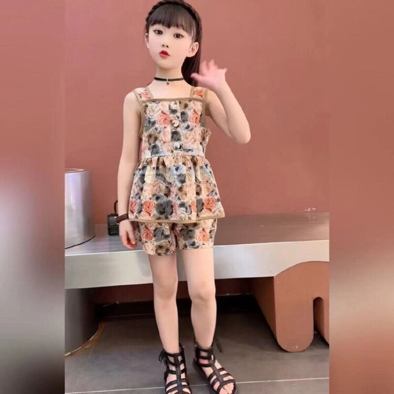 Mädchen Sommer anzug neue Kinder kleidung koreanische Chiffon Neck holder Weste Shorts zweiteilige Sets Flut Kinder kleidung Trainings anzug