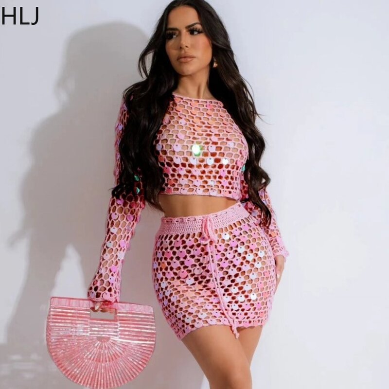 HLJ Fashion Knitted Hollow Out Sequins Skirts Two Piece Sets Women Round Neck Long Sleeve Crop Top And Mini Skirts Beach Outfits