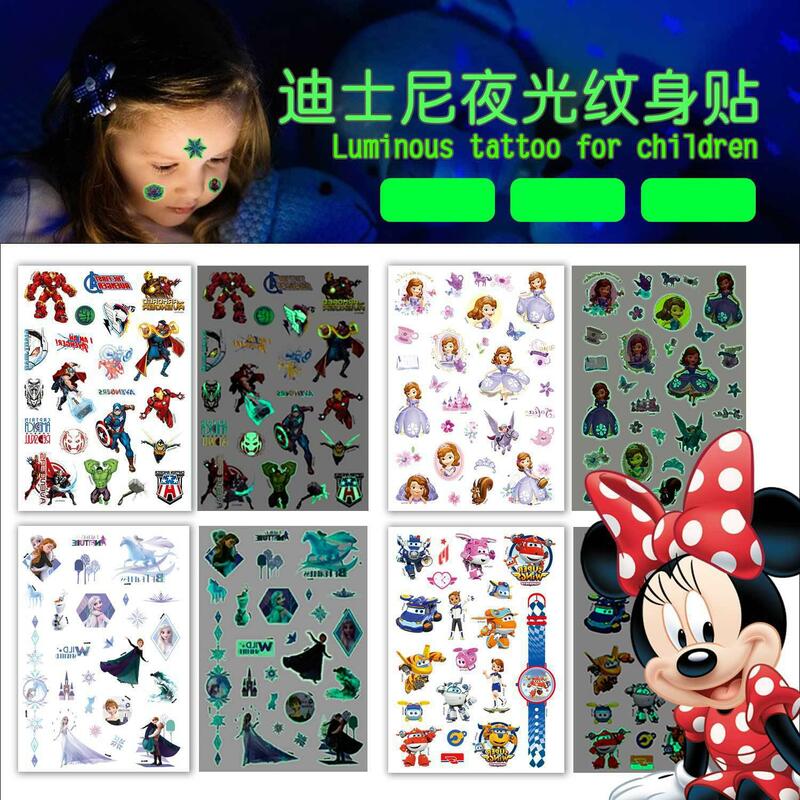 2 Stks/set Disney Lichtgevende Nacht Cartoon Frozen Mickey Kinderen Cartoon Tijdelijke Tattoo Sticker Superheld Stickers Voor Kind Cadeau
