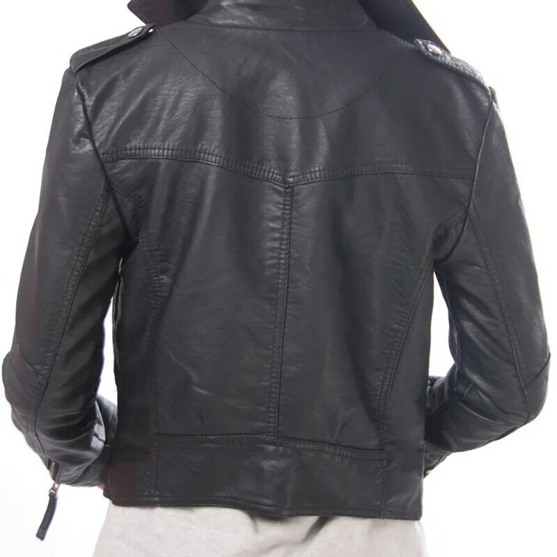 Jaket kulit Pu wanita, mode warna terang hitam putih jaket motor mantel pendek kulit imitasi jaket pengendara sepeda motor lembut wanita
