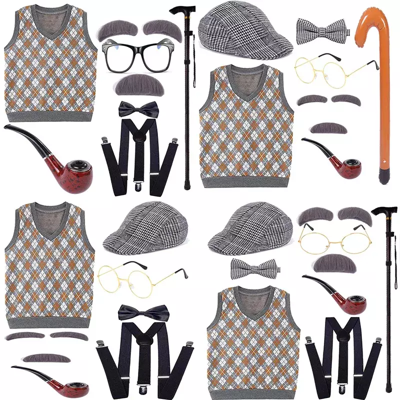 Kids 100 Days of School Costume for Boys Child Halloween Old Man Costume Hat Glasses Grandpa Vest Grey Wig Set Cosplay Outfit