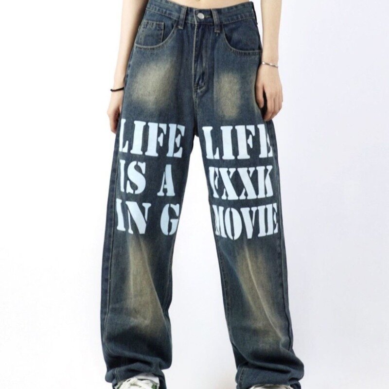Celana panjang jeans pria/wanita, jeans gaya Eropa dan Amerika dengan cetakan huruf, celana panjang kaki lurus longgar