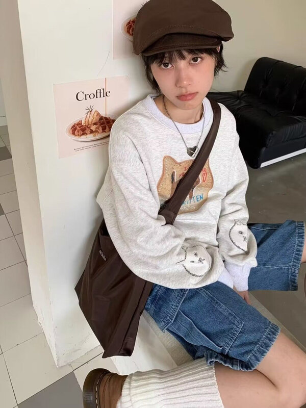 Deeptown Harajuku Kawaii kot bluzy z grafiką kobiety koreański Vintage bluza oversize cuttecore kreskówka Y2K topy Kpop Streetwear