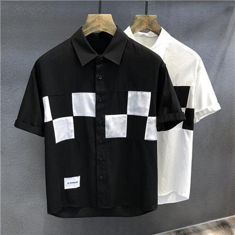 Summer New Turn-down Collar Fashion Short Sleeve Shirt Man High Street Casual Loose Button Cardigan Plaid Contrast Color Tops