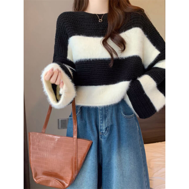 Damen O-Neck Sweater Pullover Herbst Winter koreanischen Stil Kontrast farbe gestreifte Puff ärmel lose kurze Strick pullover
