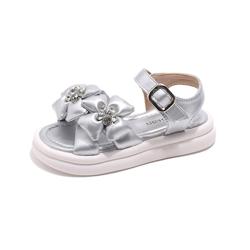2024 Summer Children Sandals for Girls Fashion Comfortable Sweet Flowers Rhinestone Soft Sole Non-slip Princess Leather Shoes
