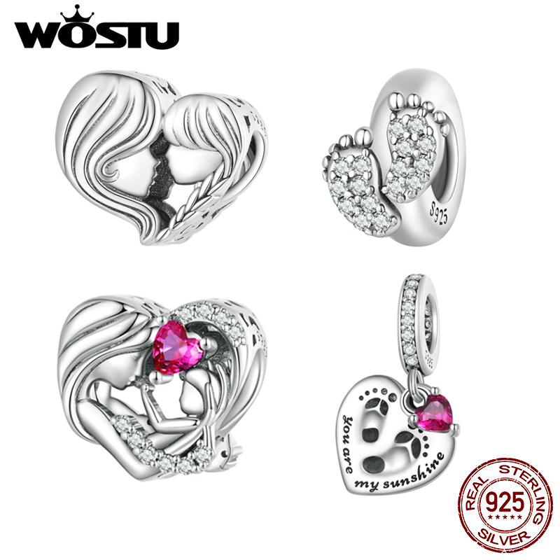WOSTU 925 Sterling Silver Heart Shape Mom Love Charms Pendant Red CZ Baby Bead Fit Original Bracelet DIY Necklace Family Jewelry