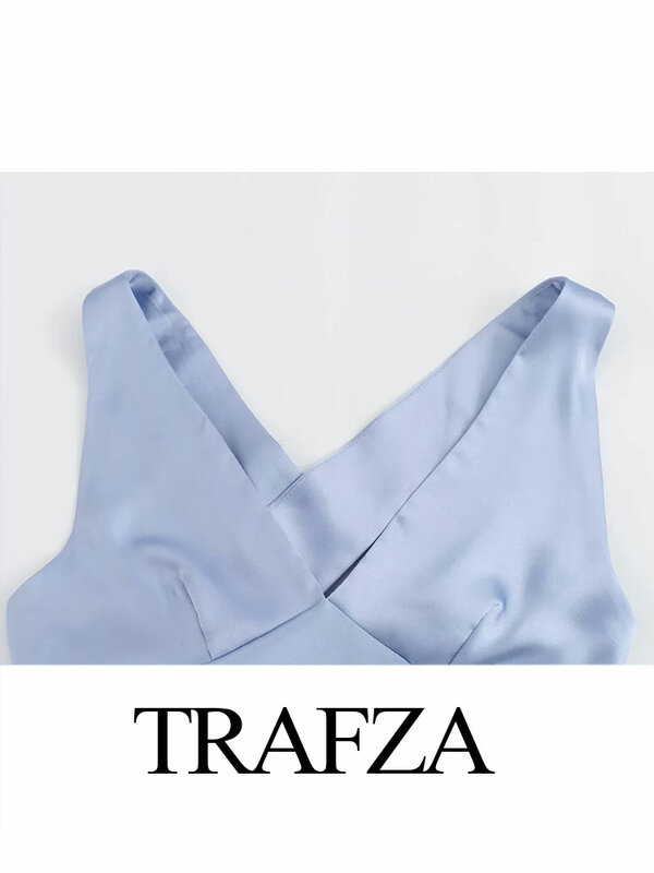 TRAFZA Retro V-neck Back Cross Hollow Decoration Women's Silk Satin Texture Zipper Dress Summer Women's Blue Party Evening Dress