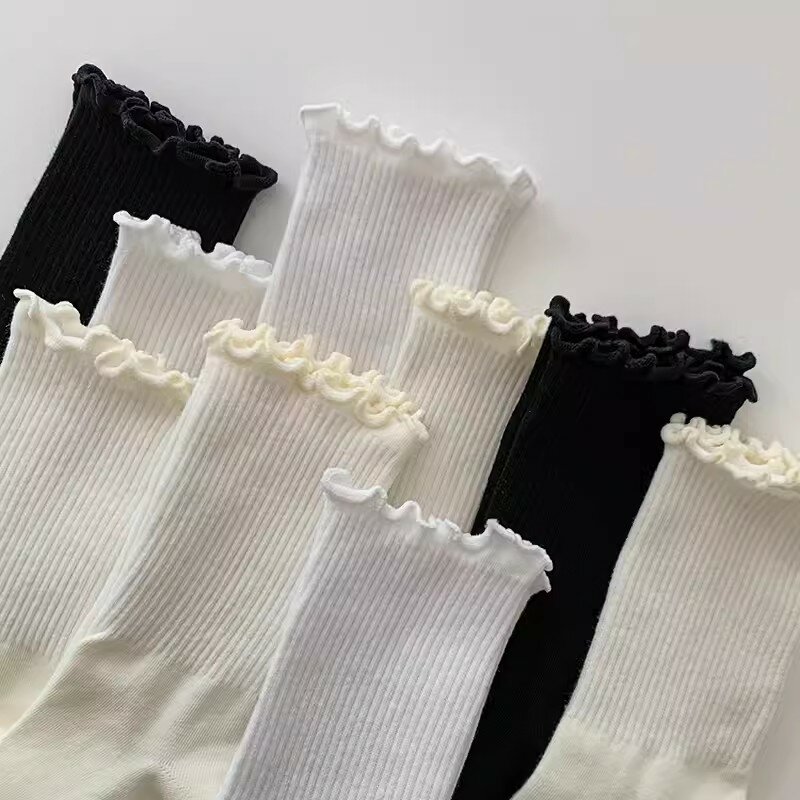 1/3/5pairs Cotton Ruffles Ankle Socks Women Lolita Cute Kawaii Korean Stocking Girl Spring Black White Middle Tube Japanese Sox