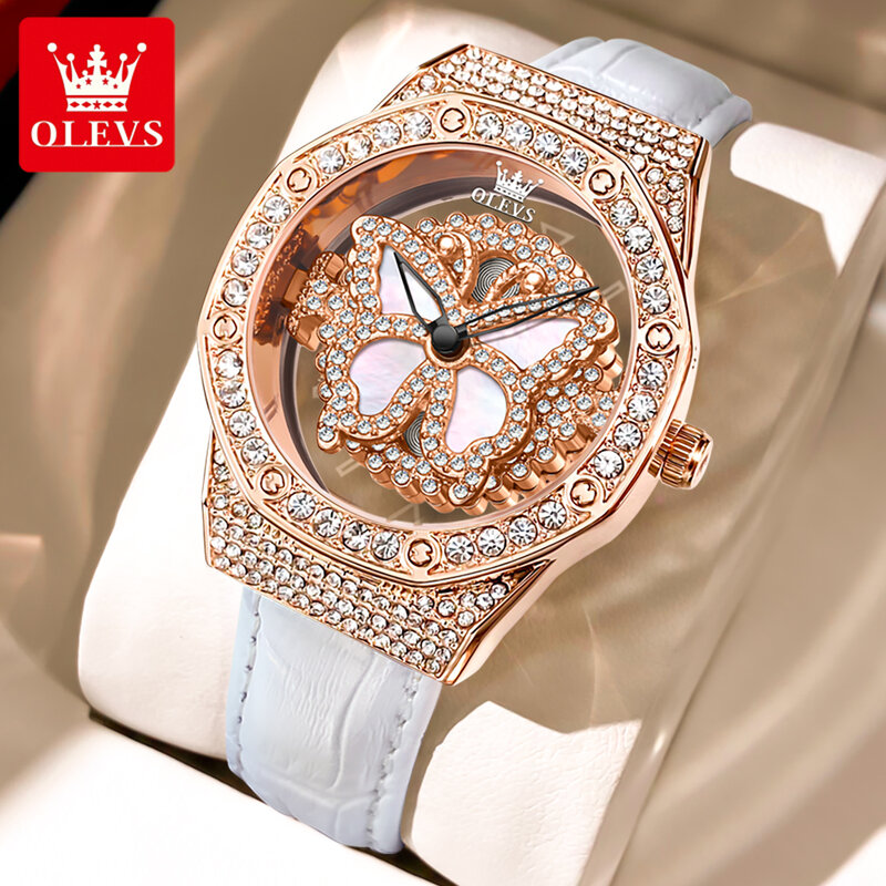 OLEVS 럭셔리 브랜드 레이디 시계, 투명 나비 다이얼 쿼츠 시계, 절묘한 선물 팔찌, 패션 다이아몬드