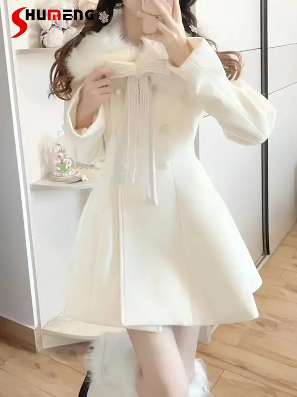 Casaco de lã feminino com gola de pele, sobretudo de comprimento médio feminino, branco leitoso e elegante, manga longa, cintura ajustada, doce nó de laço, novo para o inverno