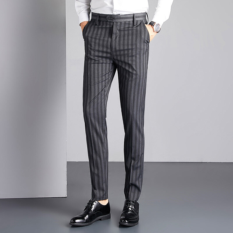 Pantalones informales grises para hombre, Pantalón ajustado con abertura en la entrepierna, a rayas, para oficina, Verano