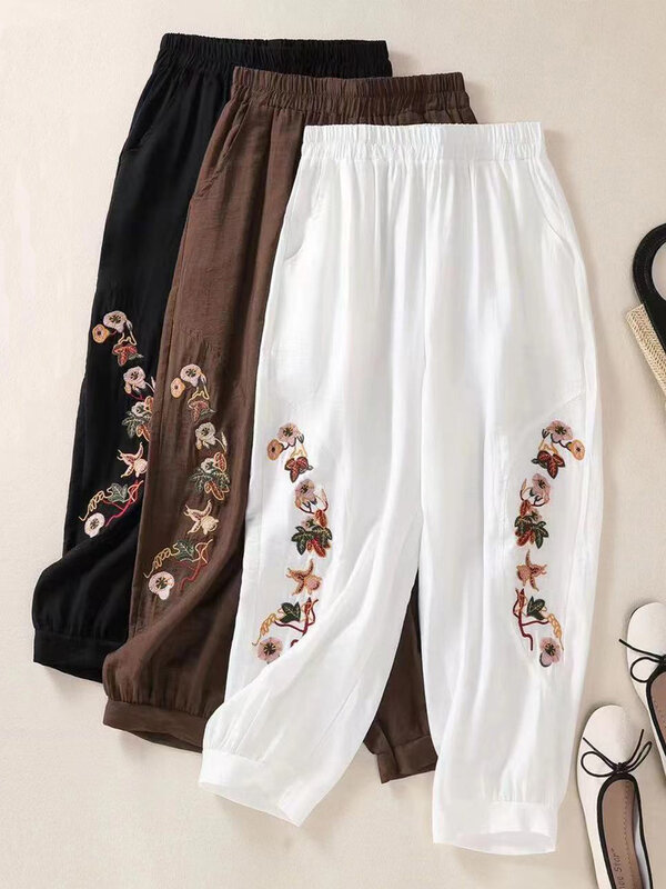 Vintage Literary Women Flower Embroidered Lantern Pants 2024 New Autumn Casual Loose Cotton Harem Pants for Women Bloomers