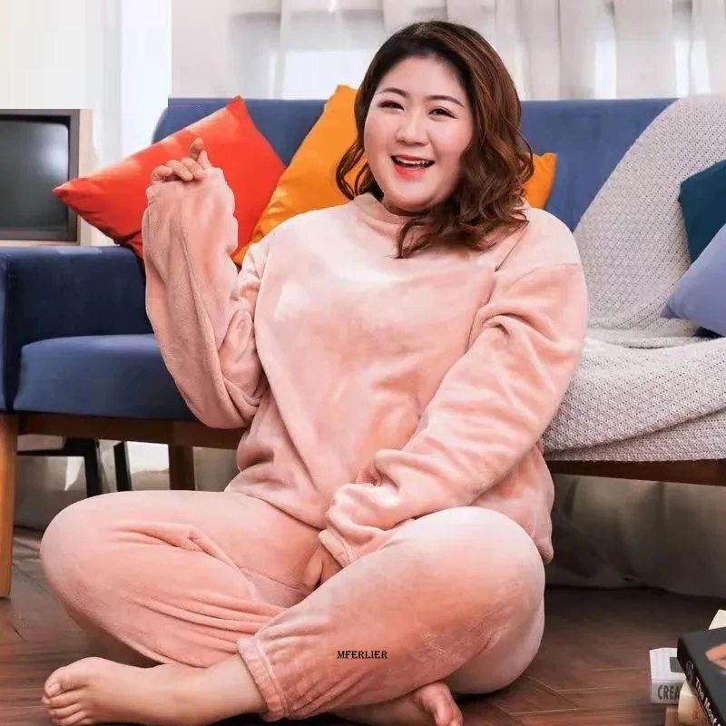 Plus Size 6XL 150kg Winter Warm Coral Fleece Pajamas Sets Long Sleeve Top and Pants Sleepwear Suit Home Women Female Sleepwear