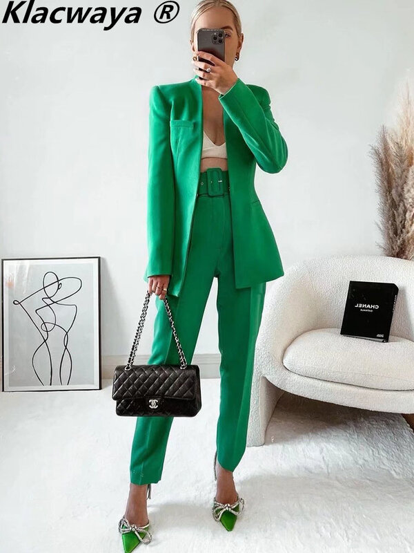 Klacwaya – costume Blazer et pantalon pour femmes, taille haute, pantalon vert pour bureau, ensemble formel, 2022