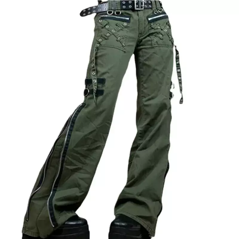 Calças vintage folgadas do punk gótico feminino, calça kawaii, calça cargosa de cintura baixa, calça jeans grunge com zíper verde, moletom coreano