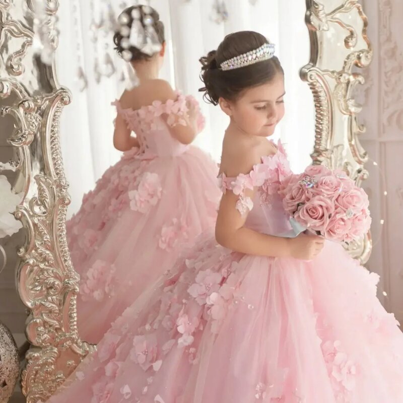 Robes de demoiselle d'honneur roses, fleurs en tulle avec queue en fibre, pour mariage, anniversaire, banquet, princesse, quel que soit