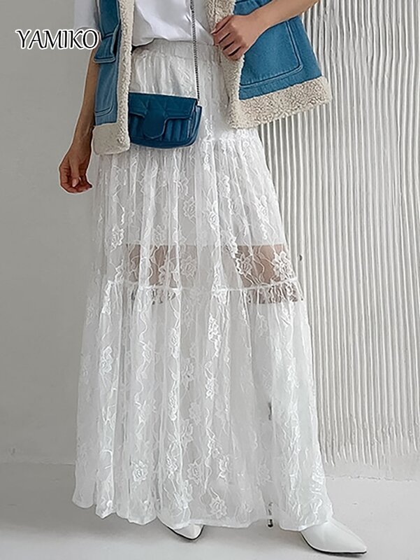YAMIKO-Falda transparente de Jacquard para mujer, Falda larga de cintura alta, holgada, de encaje, Color sólido