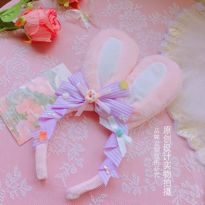 Bandeau d'oreille de lapin pour filles, couvre-chef japonais mignon, nœud rose, accessoires pour cheveux Lolita, cosplay doux JK