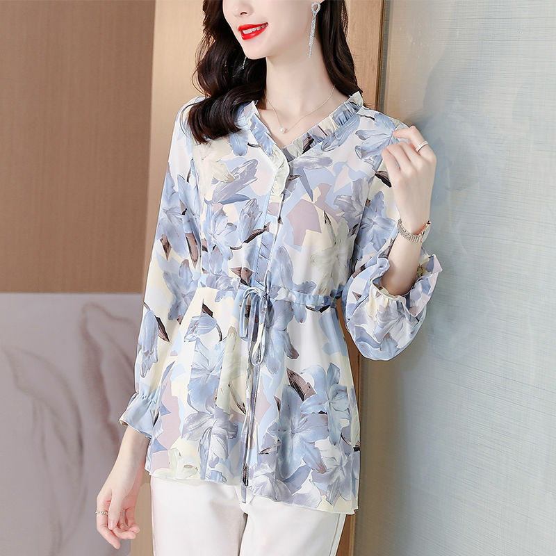 Блузка женская с цветочным принтом, элегантная повседневная приталенная Модная рубашка с V-образным вырезом, с кулиской, в пасторальном стиле, весна-осень