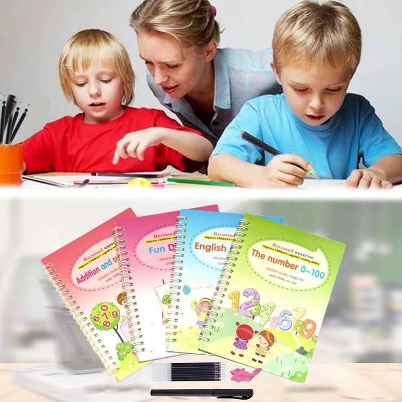 Reutilizável Handwriting Practice Copybook com Groove Design para Crianças, Escrevendo Livro, 4 Copybooks