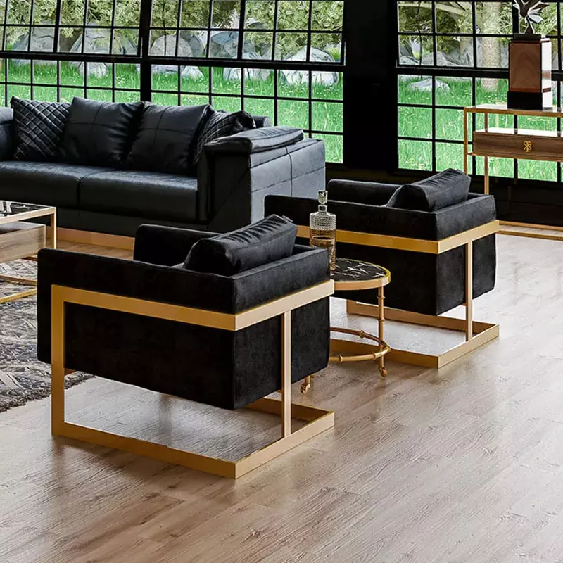 Sofá de veludo para lounge, luxo leve, metal escovado, postmodern, Brass Single Sofa