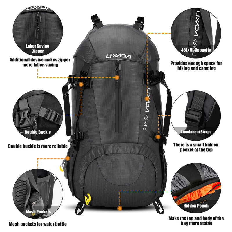 Lixada-ハイキングバックパック,アウトドアスポーツ用の防水バックパック,キャンプや旅行用,レインカバー付きのクライミングバッグ,50l