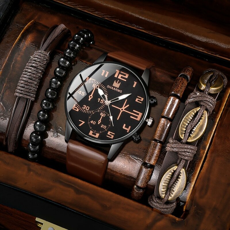 Kegllect jam tangan Quartz pria, Set gelang arloji tali kulit Dial bulat pilihan Ideal untuk hadiah (tanpa kotak) 5 buah