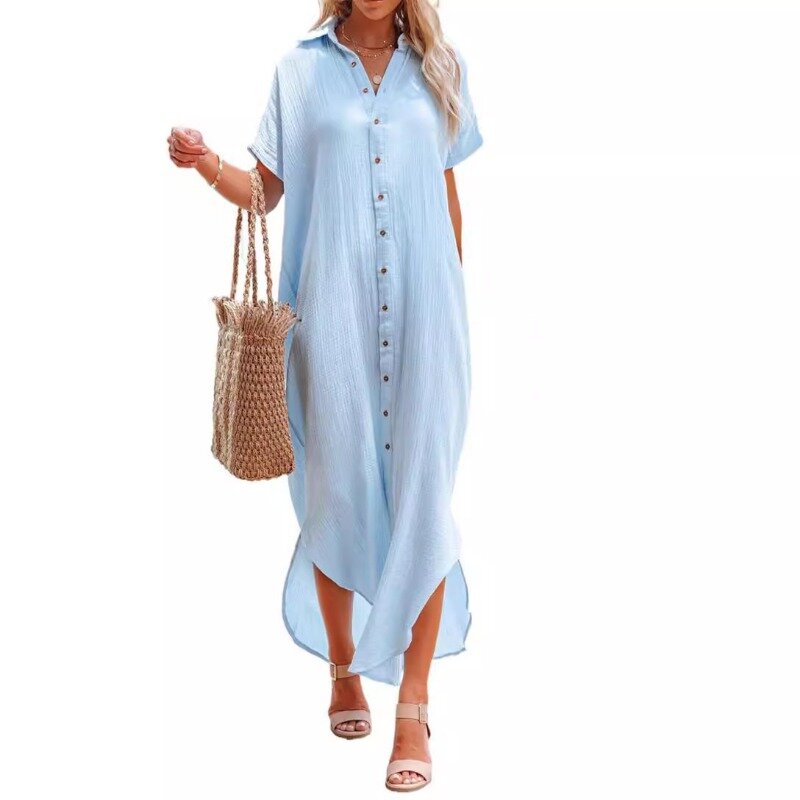 Женская Однотонная рубашка в простом стиле, длинный однобортный Кардиган с V-образным вырезом и коротким рукавом, асимметричное платье-рубашка, на лето