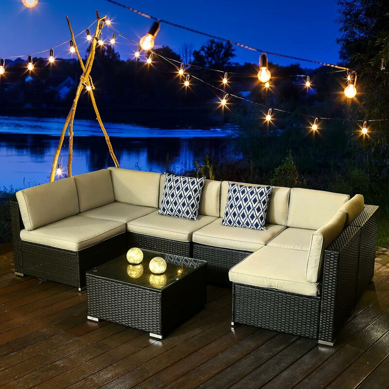 Sofá secional ao ar livre com mesa e almofadas, PE Rattan Wicker Conversação Set, sofá exterior, varanda, jardim, quintal, 7pcs
