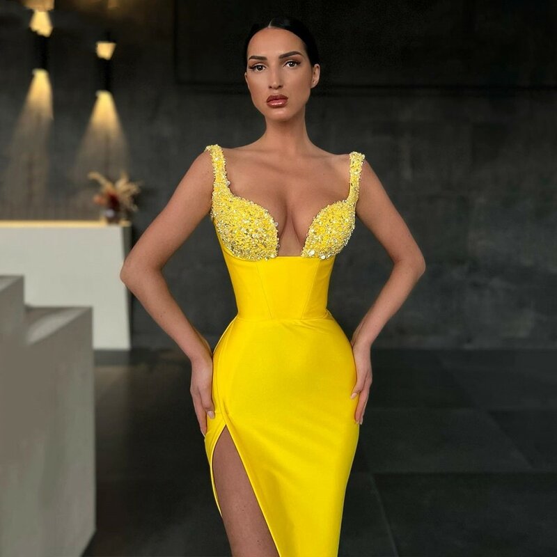 Sexy Yellow Mermaid Prom Dresses Glitter Sequins Spaghett Straps Jersey High Split Slit Formal Evening Party Gowns فستان سهرة