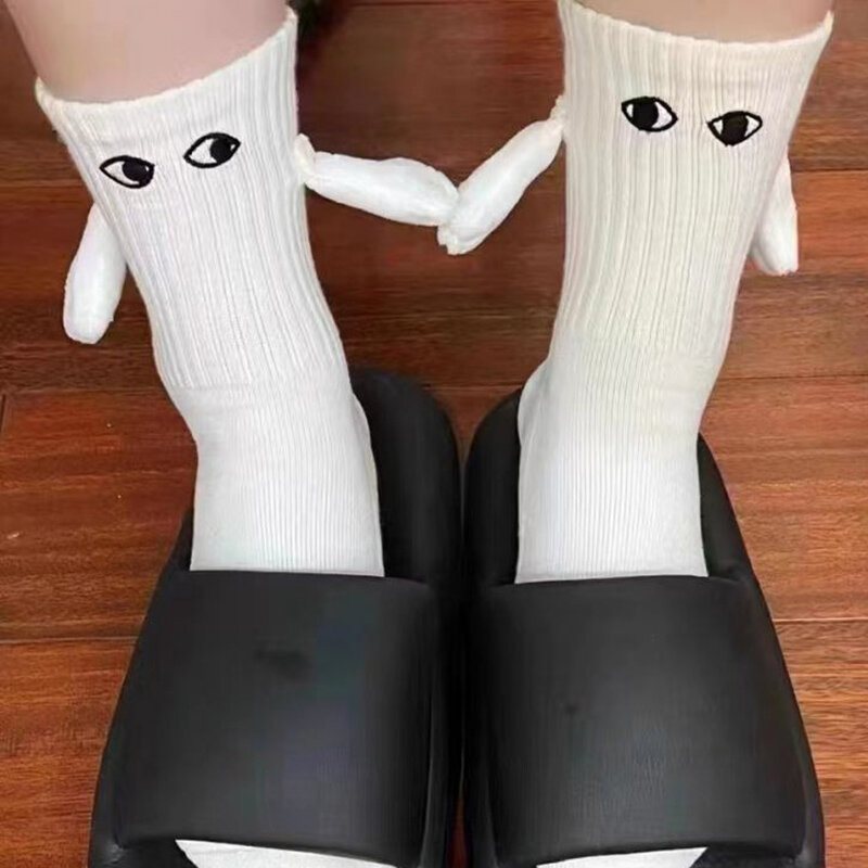Epligg 2 Pairs Unisex Holding Hands Long Socks Hand In Hand Socks Black White Girls Kawaii Magnetic Suction Couple Cotton Sock