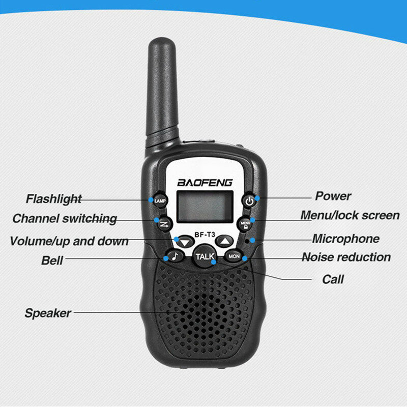 2pcs baofeng t3 walkie talkie 3-10 km interfone de alcance de conversação para crianças adultos aventura ao ar livre transceptor de banda dupla fm bf t3