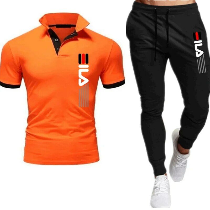 Men's Trousers Tracksuit 2 Piece Set Printed Summer Jogger Sportswear Short Sleeve POLO Shirt+Long Pants Casual Street Clothes