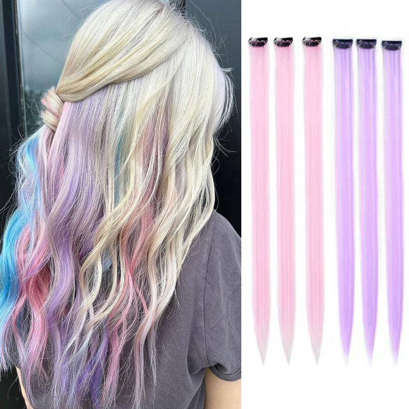 Rambut palsu anak perempuan, 6 buah/pak klip dalam ekstensi rambut, warna terang pesta untuk anak perempuan, 22 inci, rambut sintetis, Multi Warna