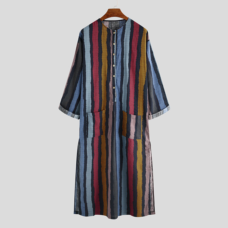 Men's Muslim Robes Striped Print Long Sleeve Cotton Pockets Robes Casual Vintage Islamic Arab Kaftan