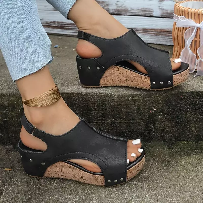 Sandálias femininas de salto de cunha grossa, dedo aberto casual, bloco de cores clássico, sapatos romanos, dedo do pé redondo, moda rebite