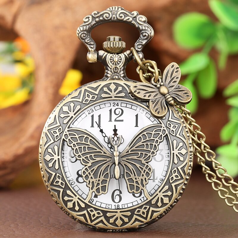 Relógio de bolso borboleta e flor bronze, colar estilo retrô, pingente steampunk, quartzo, chaveiro, relógio com acessório, 2020