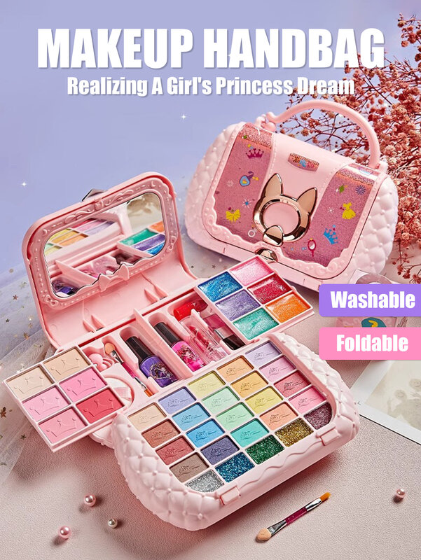 Kids Beauty Toys Makeup Kit Little Bag Washable Pretend Play Cosmetic Set Toys with Mirror Non-Toxic & Safe Birthday Gifts Girl