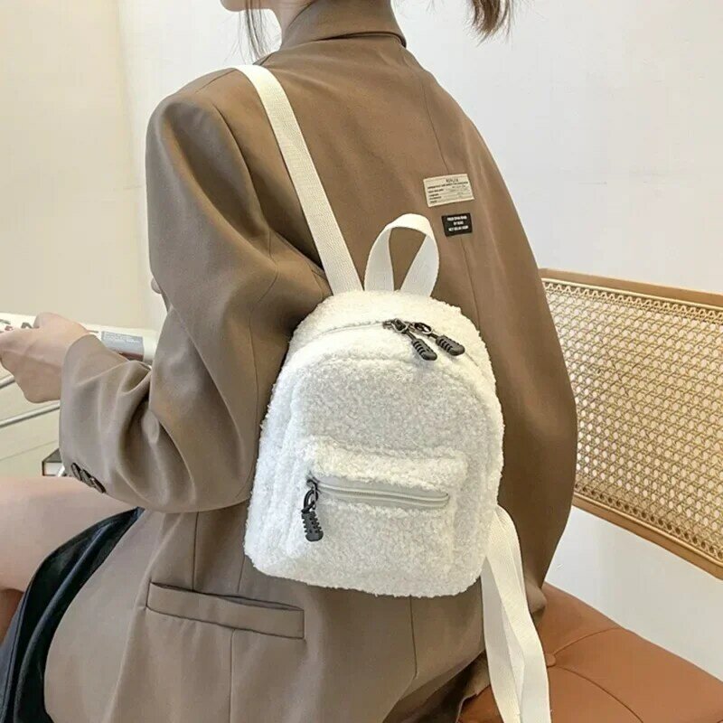 BBA054   Women White plush backpack female small bag Fashion mini cute student small schoolbag autumn winter