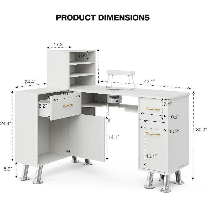 Table de manucure en forme de L avec étagères, station de table à ongles avec module à ongles, collecteur de poussière, armoires de rangement