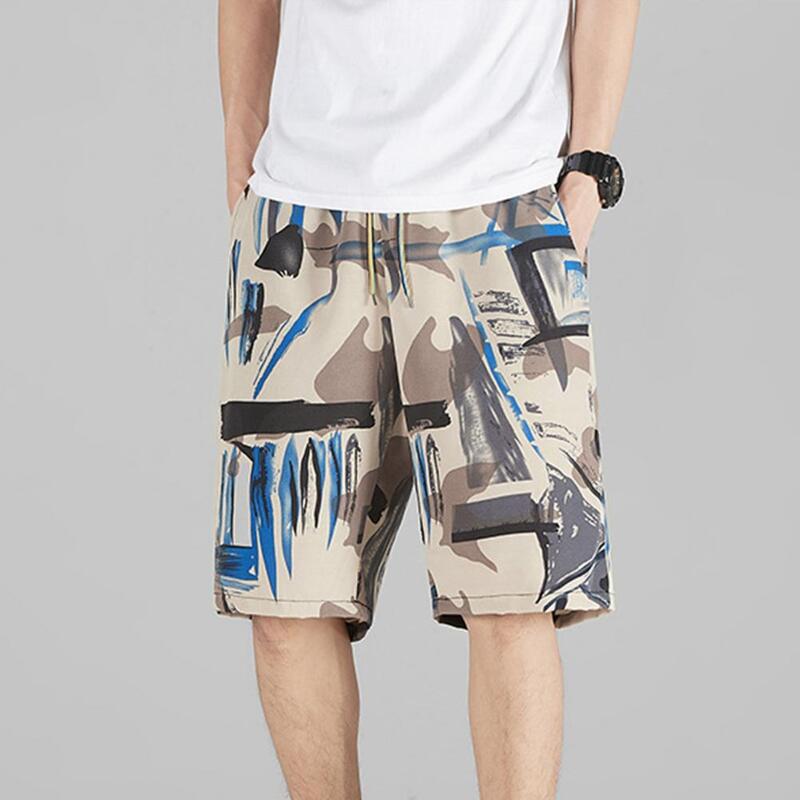 Celana pendek pantai pria, celana pendek liburan musim panas untuk lelaki dengan tali pinggang elastis cetak huruf untuk Streetwear