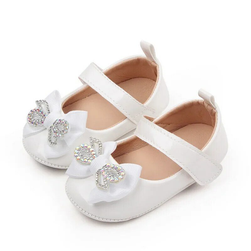 Sepatu bayi perempuan, bayi perempuan sepatu putri, kulit PU lembut pita berlian imitasi, anti selip, sepatu jalan pertama, item bayi