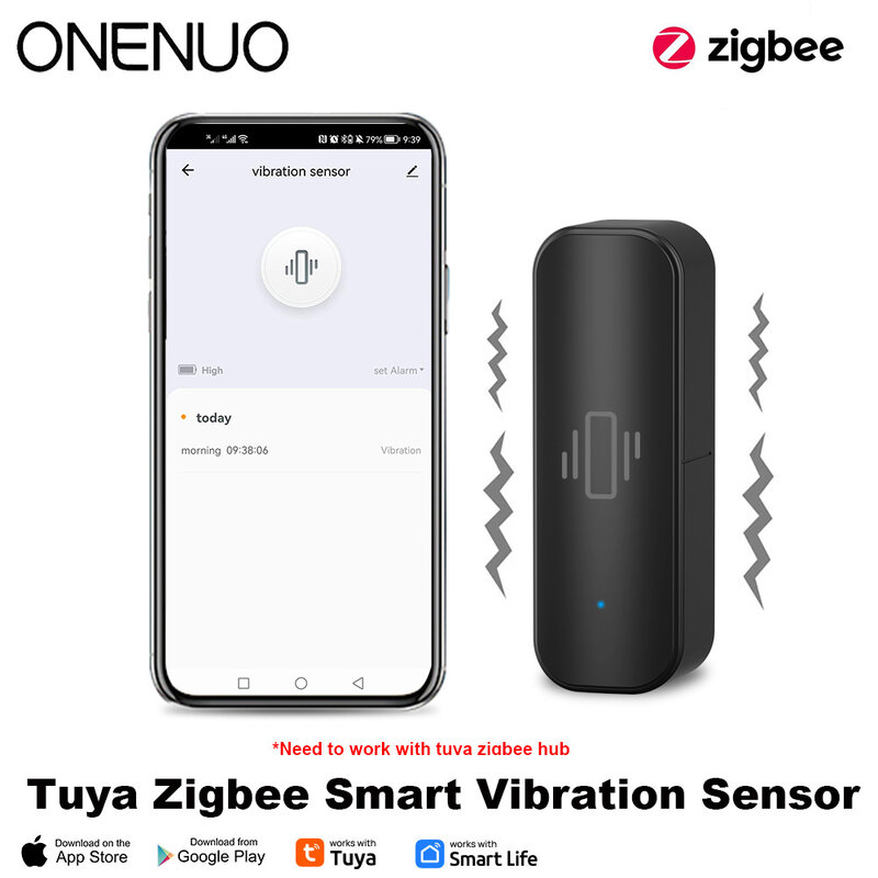 ONENUO Tuya Sensor getaran ZigBee rumah pintar, pelindung keamanan pertahanan diri hidup pintar dengan pengendali jarak jauh App Monitor waktu sebenarnya