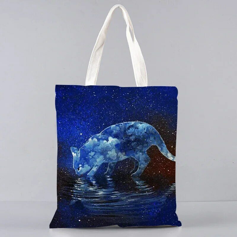The Cat and the Starry Sky Oil Painting Cat  Womens Designer Tote Bags Linen Reusable Shopping Bag For Groceries Shoulder Bags