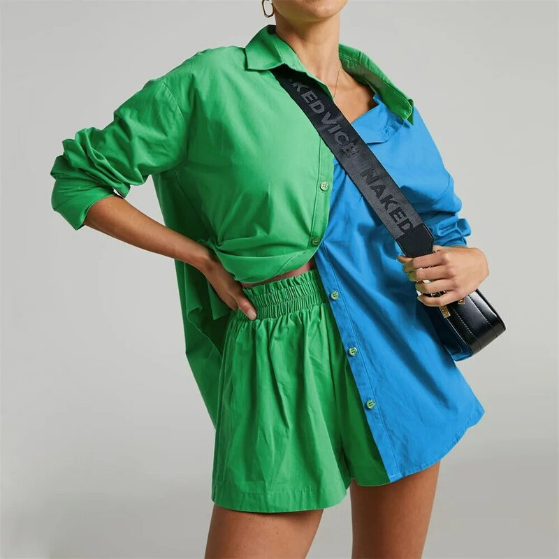 Camisa verde de cintura alta para mujer, top de manga larga con cuello vuelto y pantalones cortos, traje informal de algodón, verano, ZA
