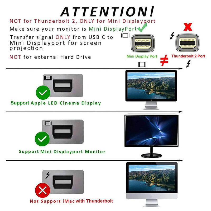 Adaptateur USB C vers 4K 60Hz DP Type-C(Thunderbolt3) vers Mini DisplayPort (pas Thunderbolt 2), câble convertisseur pour Macbook, moniteur LED