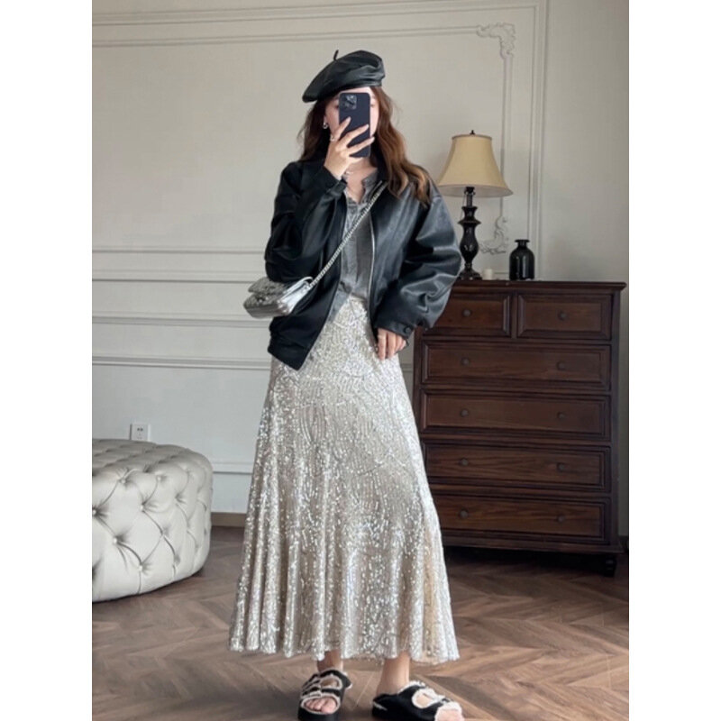 Summer Solid Color Sequin Women's Slim Fit Elastic High Waisted Slimming A-line Mid Length Wrapped Hip Fishtail Skirt